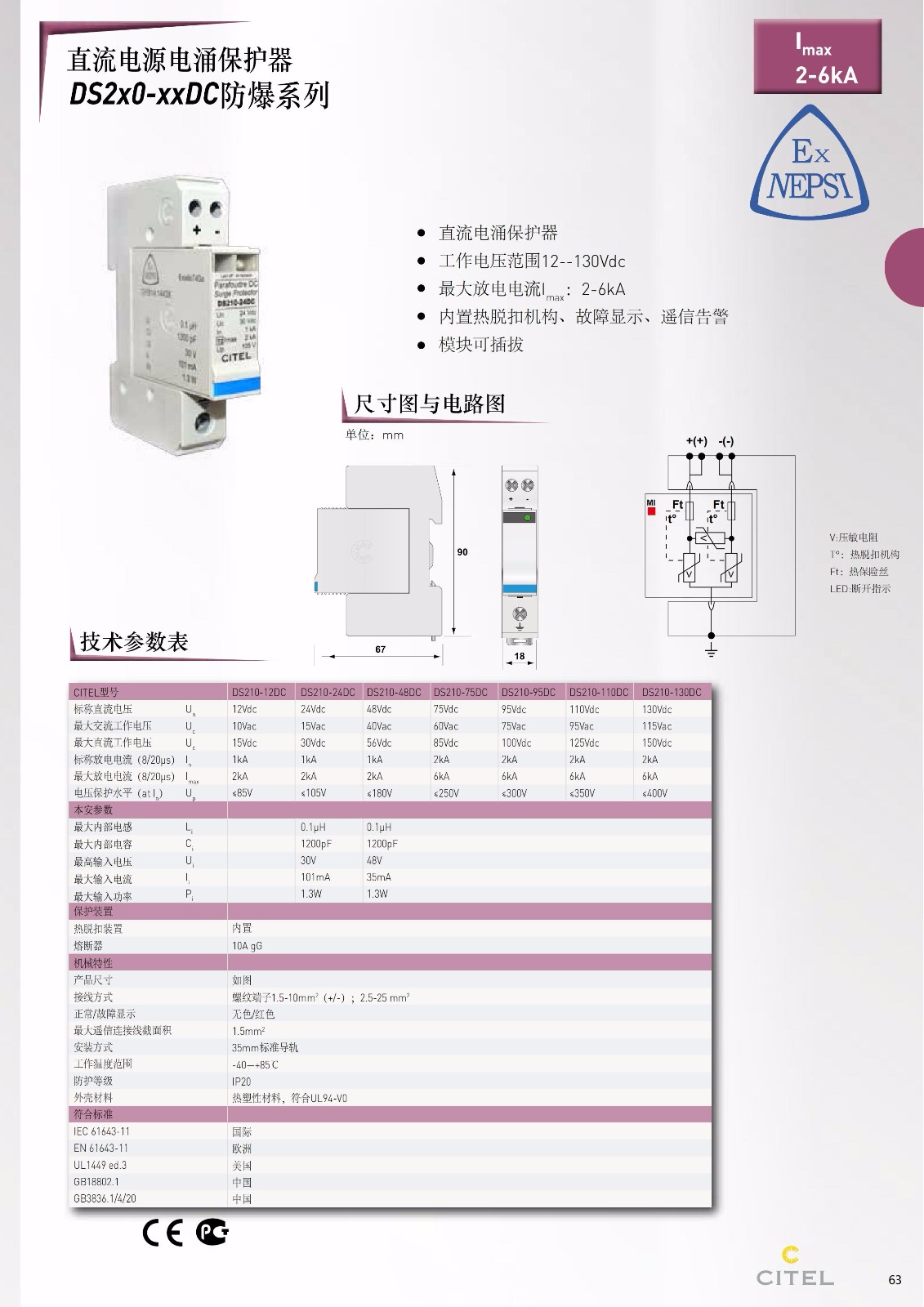 直流防雷器DS50PV-1000-30系列技術(shù)參數(shù)、規(guī)格尺寸